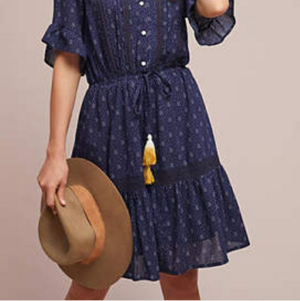 Anthropologie Navy Printed Maxi Dress with Tassel Accents